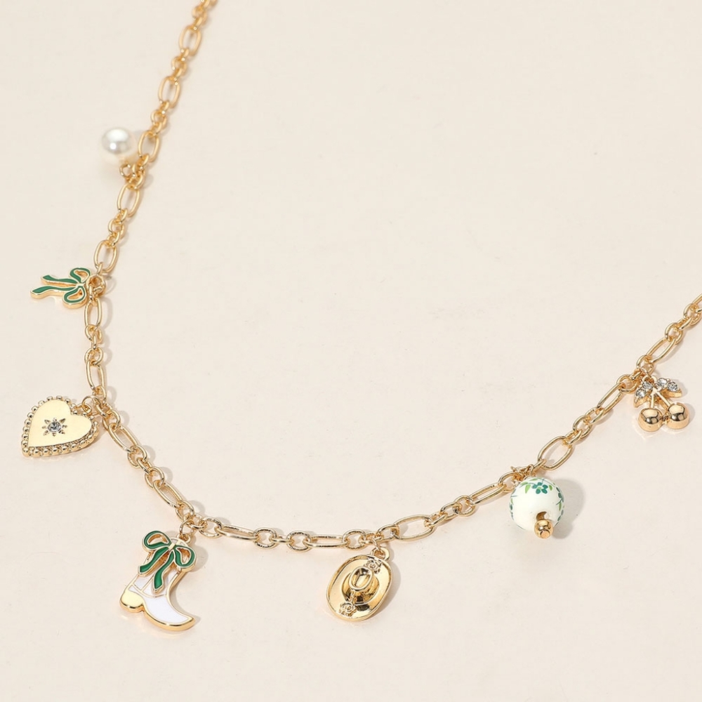 Green Gold Link Station Ceramic Beaded Cowboy Boot Charm Pendant Necklace Chain